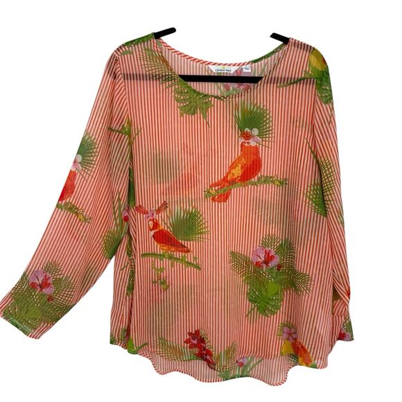 Lemon Way Sheer Chiffon Top Size XL Tropical Bird Parrot long Sleeve Pullover - Picture 1 of 10